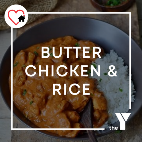 Butter chicken and rice in a bowl